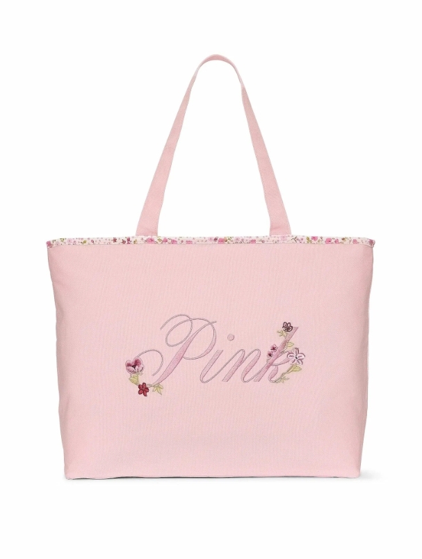 сумка PINK Victoria's Secret Floral Embroidered Canvas Tote Light Pink